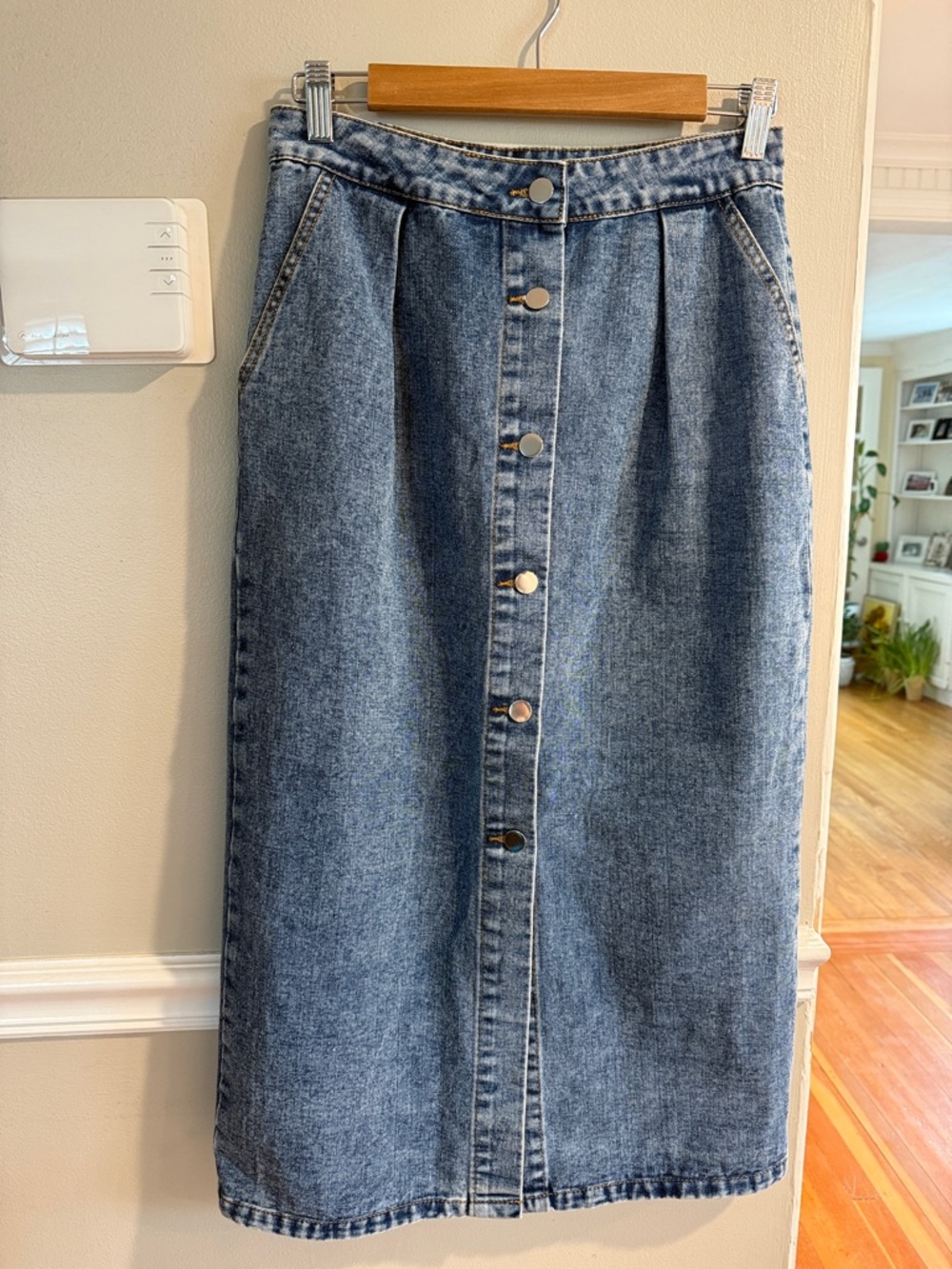 Denim Skirt with Button-Front Detail - Medium Blue